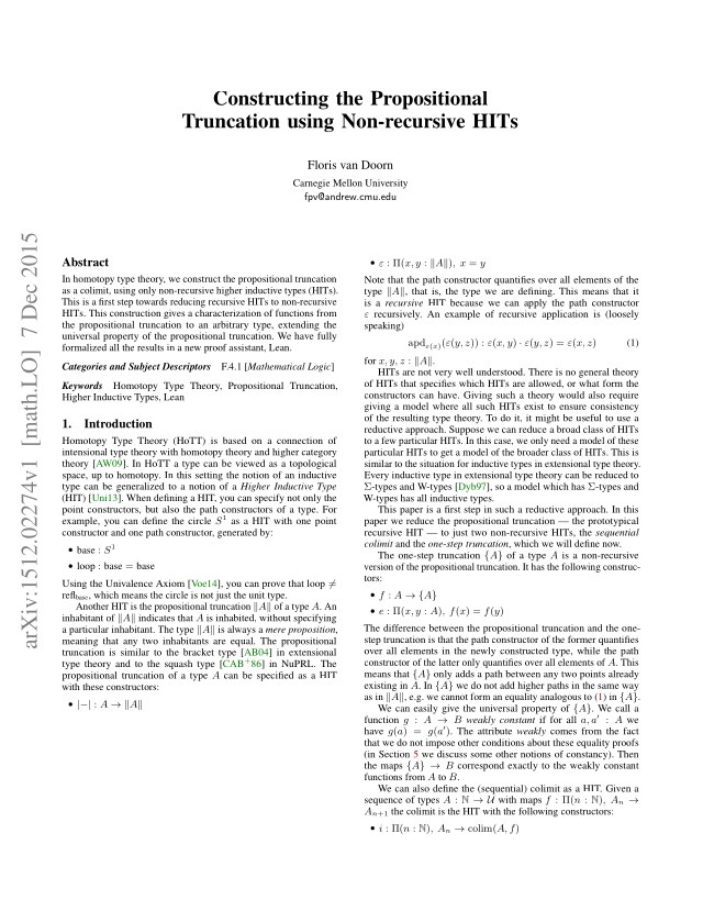 First page of Constructing the Propositional Truncation using Non-recursive HITs