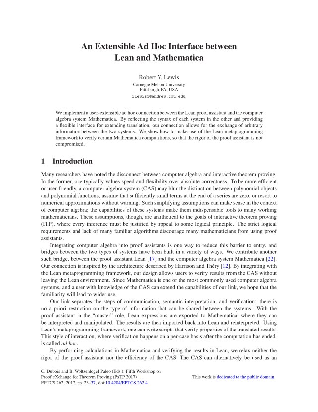 First page of An Extensible Ad Hoc Interface between Lean and Mathematica