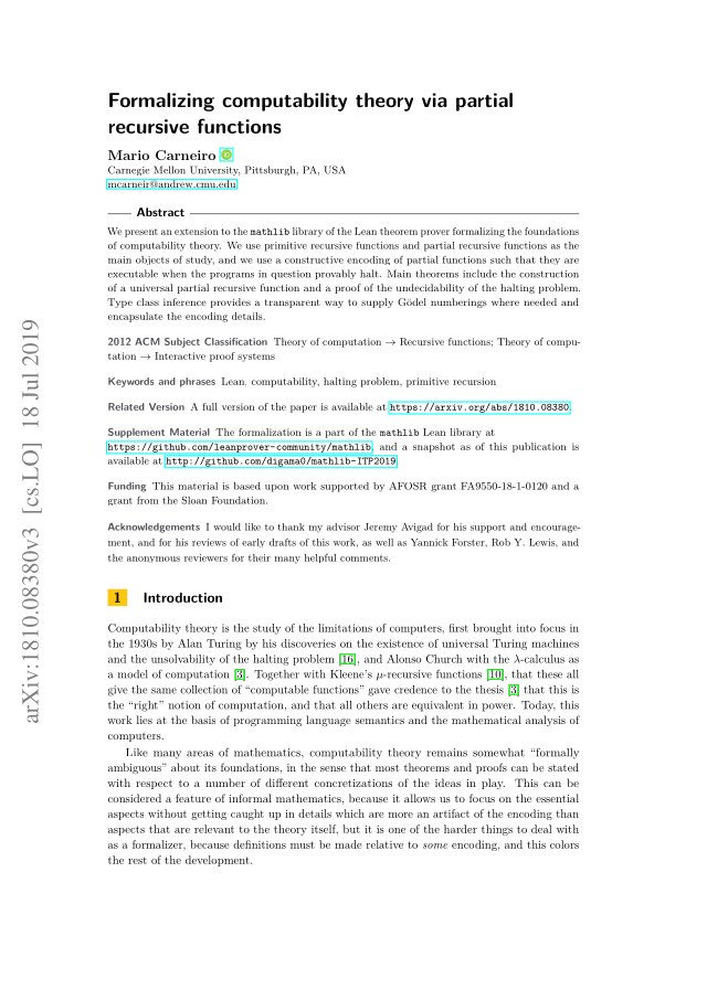 First page of Formalizing Computability Theory via Partial Recursive Functions