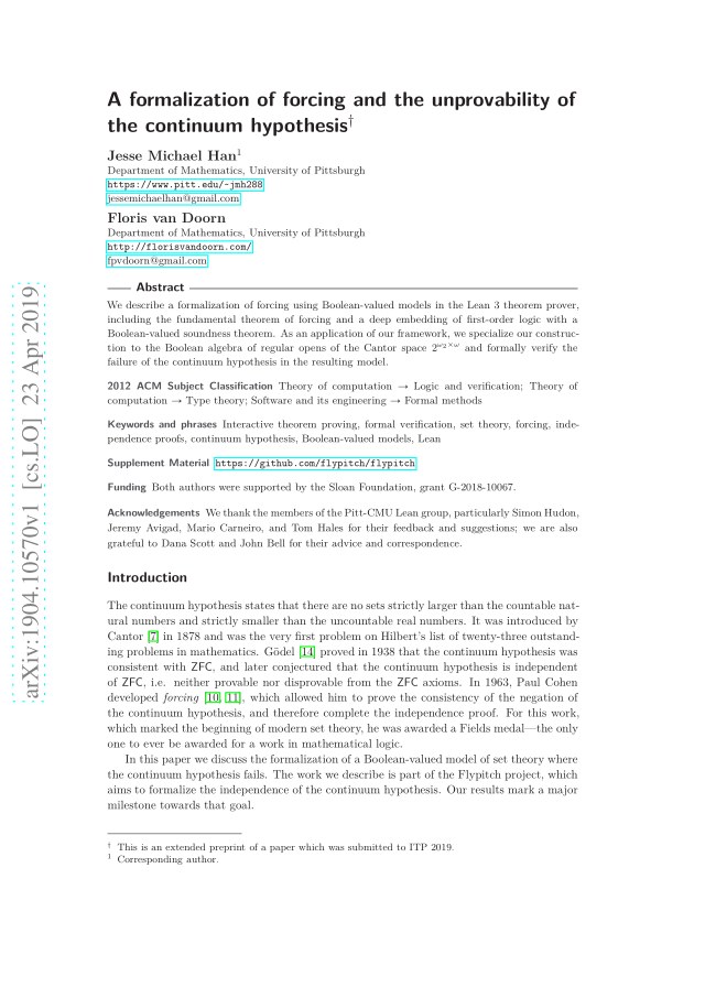 First page of A Formalization of Forcing and the Unprovability of the Continuum Hypothesis
