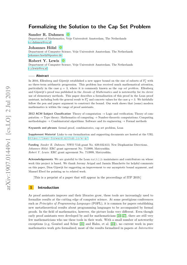 First page of Formalizing the Solution to the Cap Set Problem