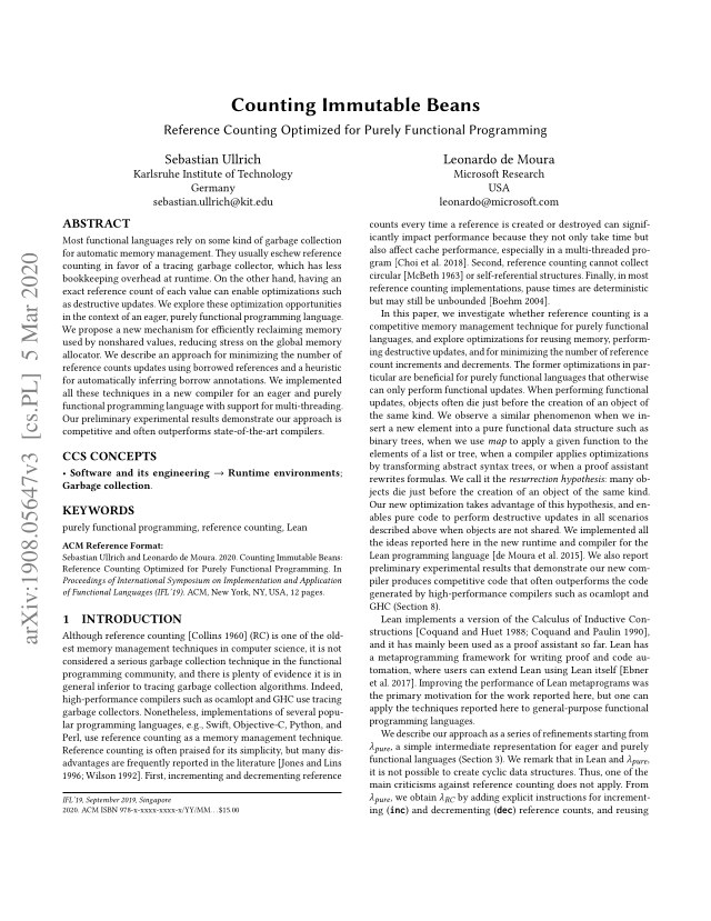 First page of Counting Immutable Beans: Reference Counting Optimized for Purely Functional Programming