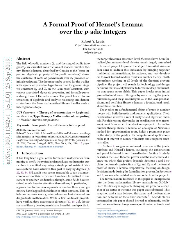 First page of A formal proof of Hensel's lemma over the p-adic integers