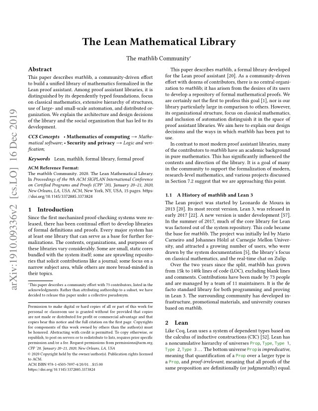 First page of The Lean mathematical library
