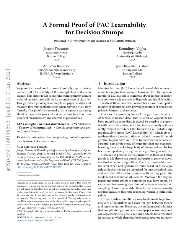 First page of A Formal Proof of PAC Learnability for Decision Stumps