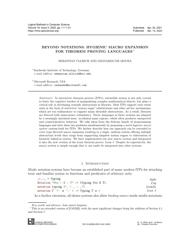 First page of Beyond Notations: Hygienic Macro Expansion for Theorem Proving Languages