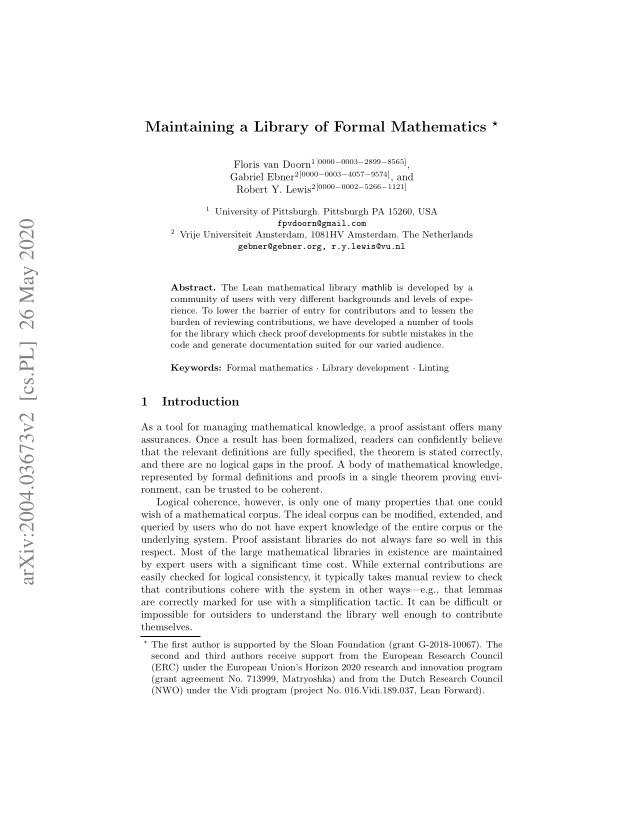 First page of Maintaining a Library of Formal Mathematics