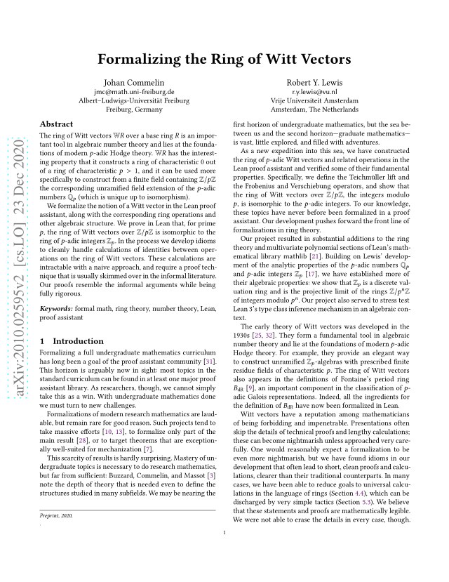 First page of Formalizing the Ring of Witt Vectors