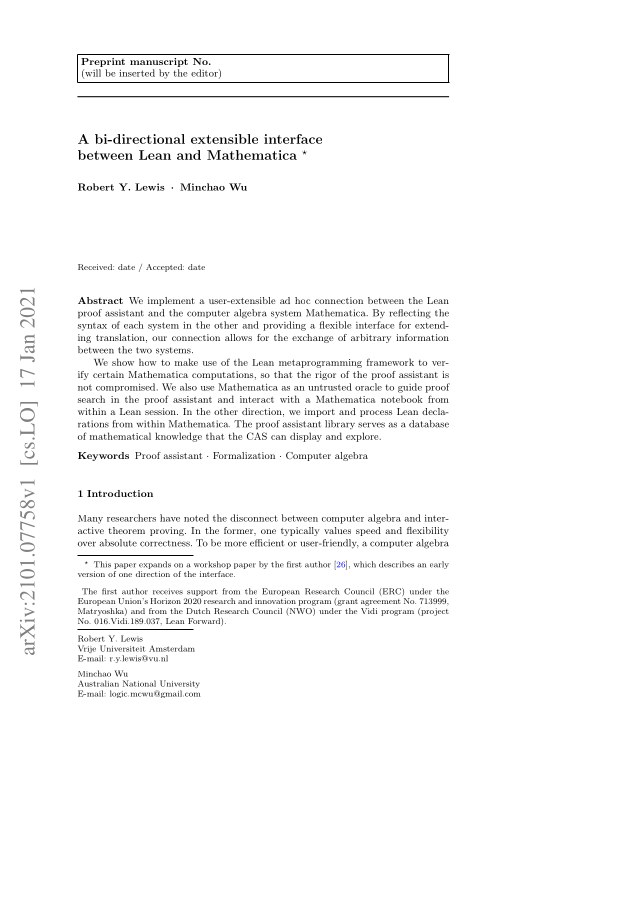 First page of A bi-directional extensible interface between Lean and Mathematica