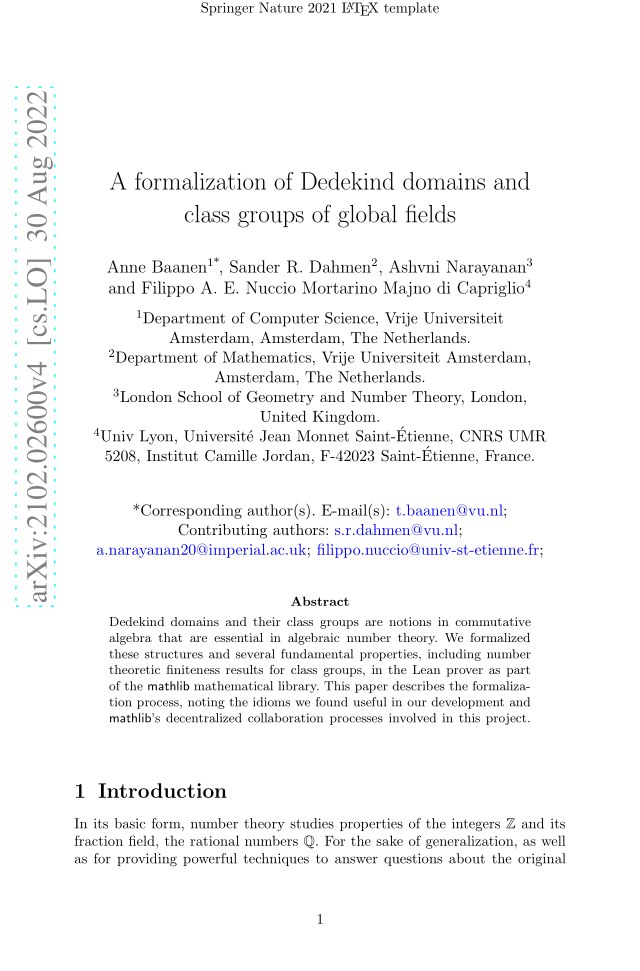 First page of A formalization of Dedekind domains and class groups of global fields