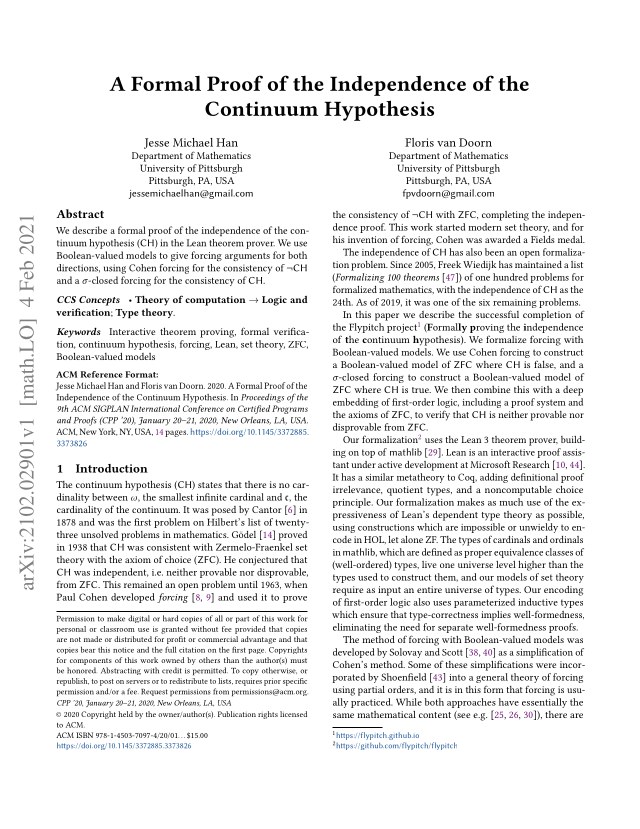 First page of A Formal Proof of the Independence of the Continuum Hypothesis