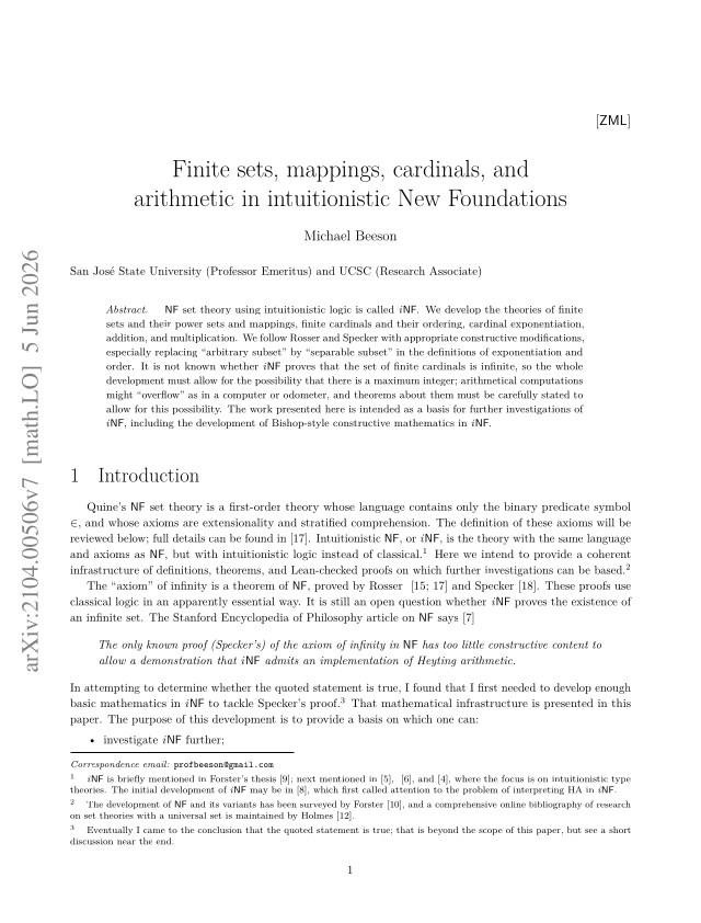 First page of Finite sets, mappings, cardinals, and arithmetic in intuitionistic New Foundations