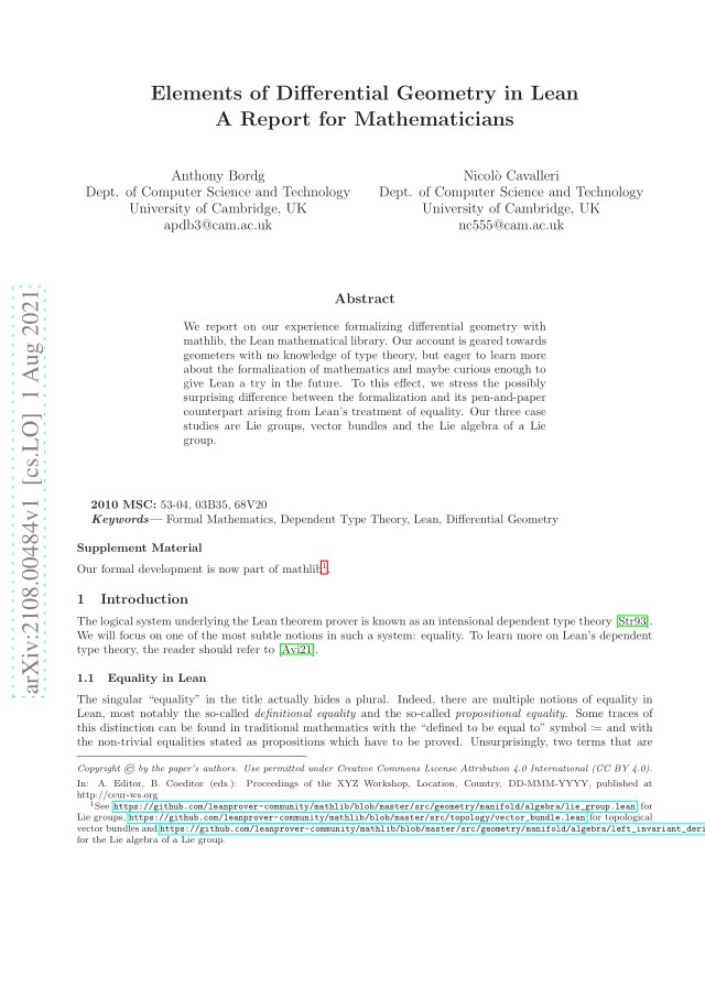 First page of Elements of Differential Geometry in Lean: A Report for Mathematicians