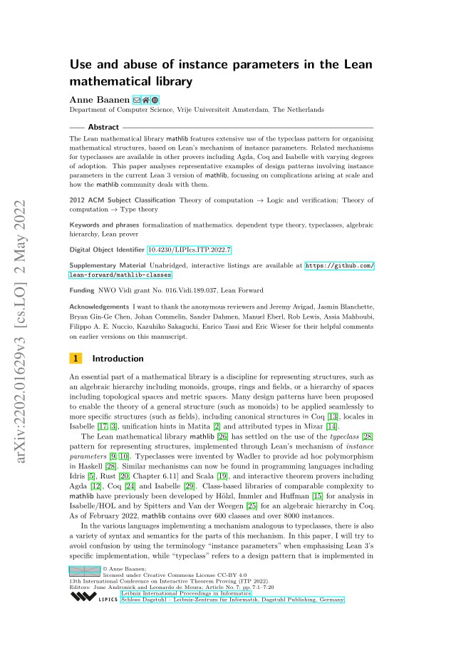 First page of Use and abuse of instance parameters in the Lean mathematical library