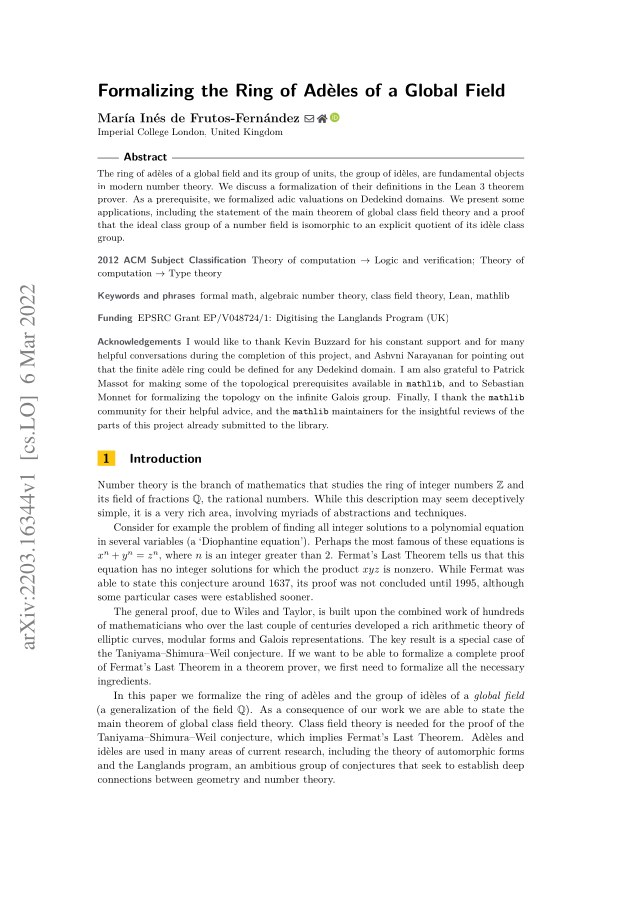 First page of Formalizing the Ring of Adeles of a Global Field