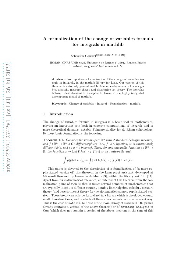 First page of A formalization of the change of variables formula for integrals in mathlib