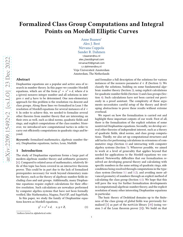First page of Formalized Class Group Computations and Integral Points on Mordell Elliptic Curves