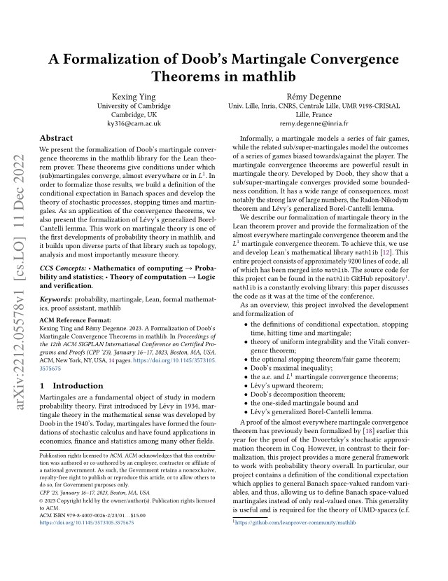First page of A Formalization of Doob's Martingale Convergence Theorems in mathlib