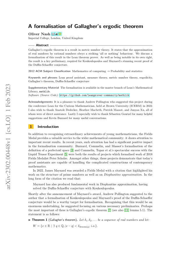 First page of A Formalisation of Gallagher's Ergodic Theorem