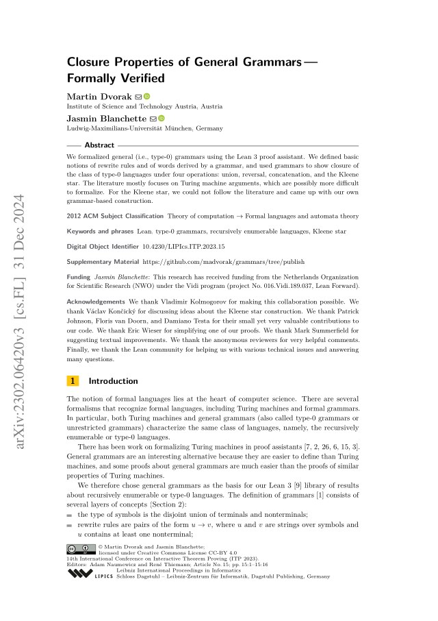 First page of Closure Properties of General Grammars -- Formally Verified