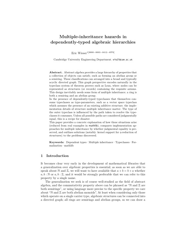 First page of Multiple-Inheritance Hazards in Dependently-Typed Algebraic Hierarchies
