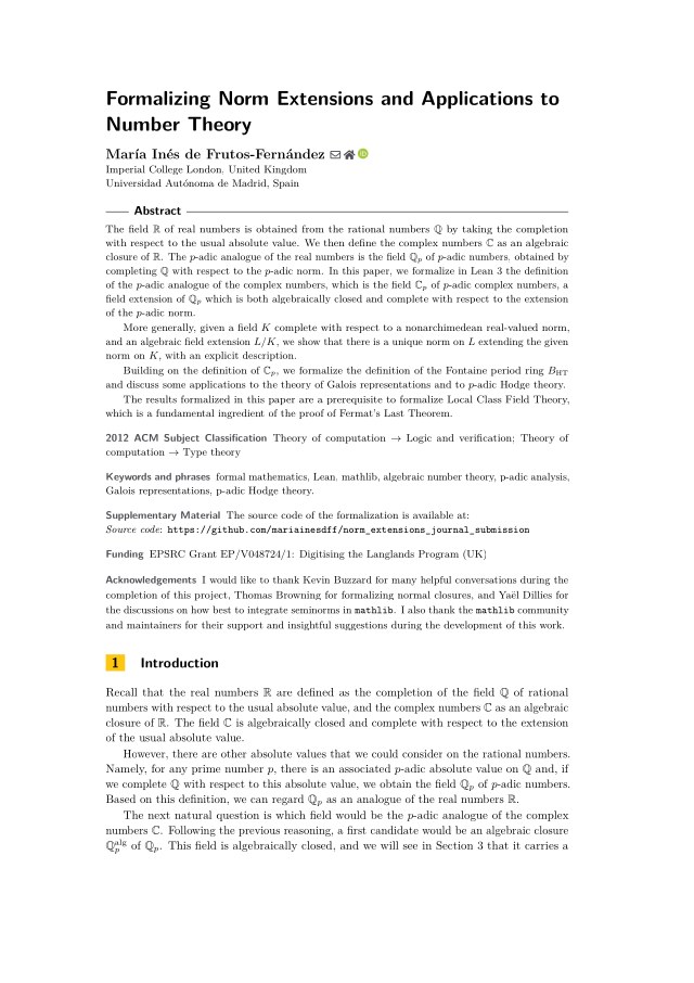 First page of Formalizing Norm Extensions and Applications to Number Theory