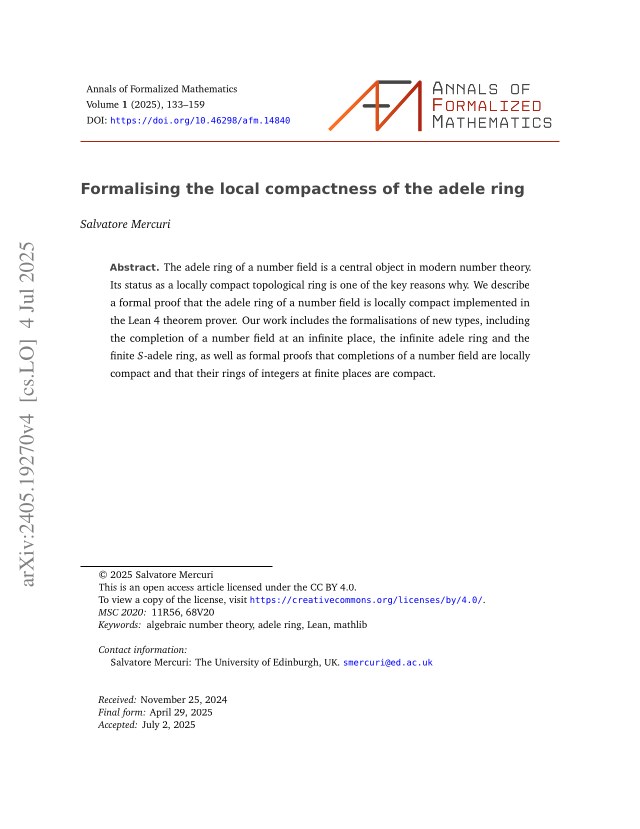 First page of Formalising the local compactness of the adele ring