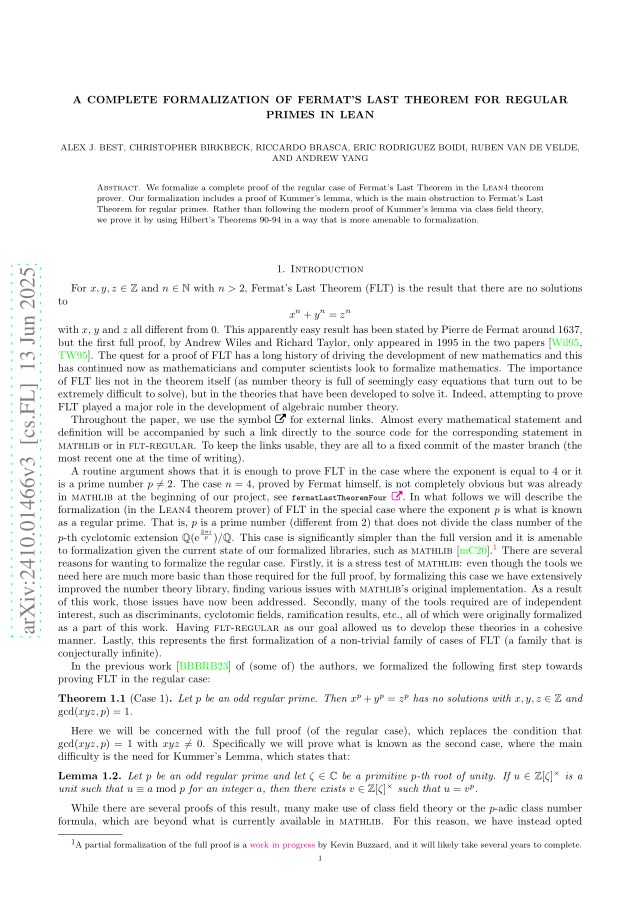 First page of A complete formalization of Fermat's Last Theorem for regular primes in Lean