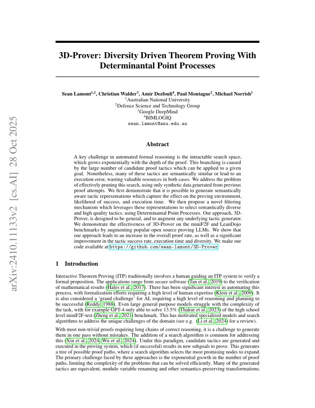 First page of 3D-Prover: Diversity Driven Theorem Proving With Determinantal Point Processes