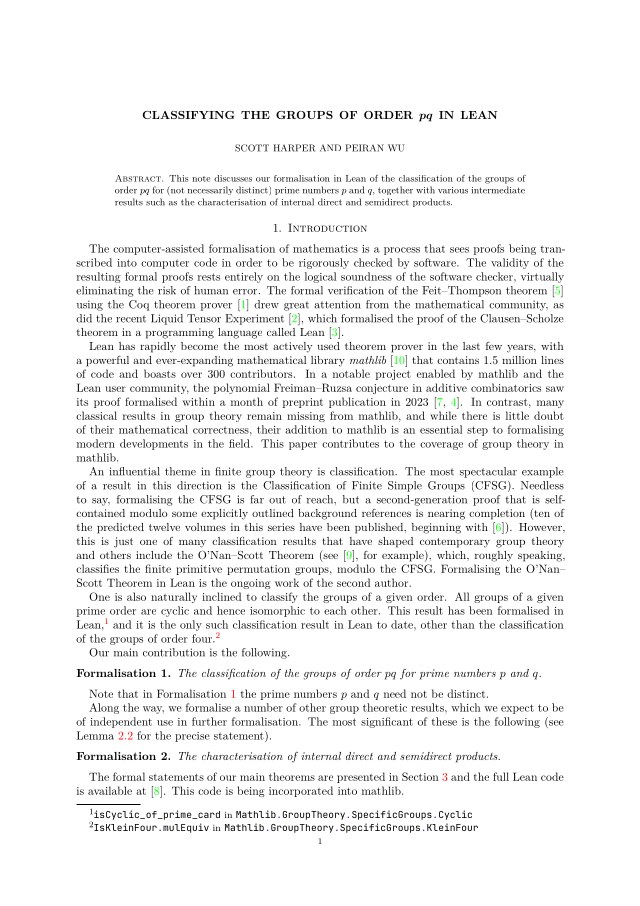 First page of Classifying the groups of order $p q$ in Lean