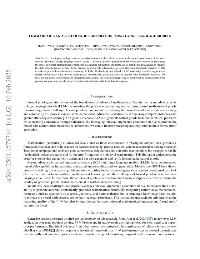 First page of LemmaHead: RAG Assisted Proof Generation Using Large Language Models