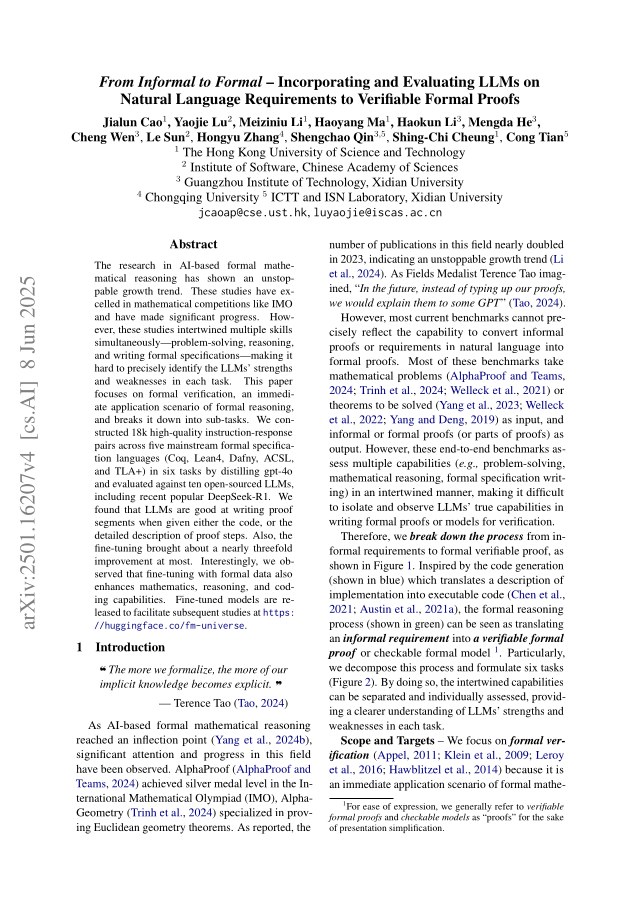 First page of From Informal to Formal -- Incorporating and Evaluating LLMs on Natural Language Requirements to Verifiable Formal Proofs