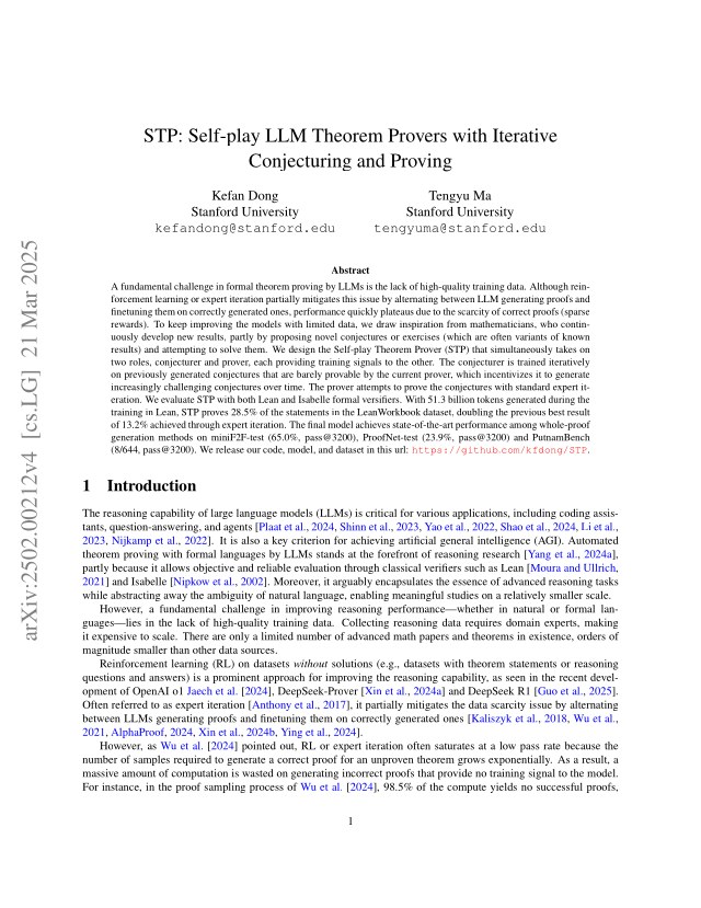 First page of STP: Self-play LLM Theorem Provers with Iterative Conjecturing and Proving
