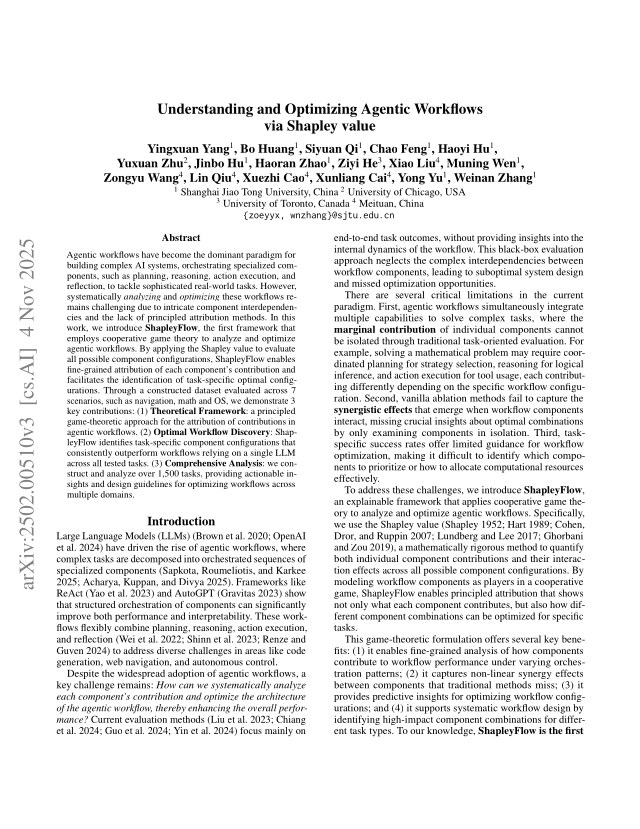 First page of Understanding and Optimizing Agentic Workflows via Shapley value