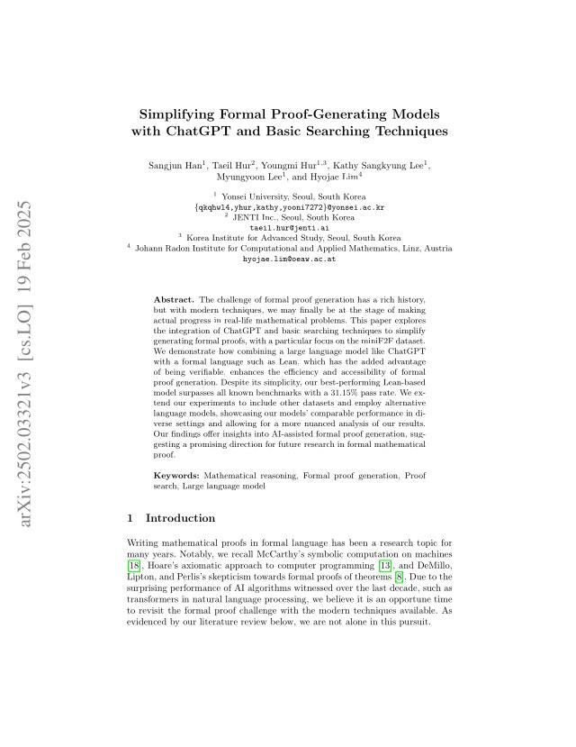 First page of Simplifying Formal Proof-Generating Models with ChatGPT and Basic Searching Techniques