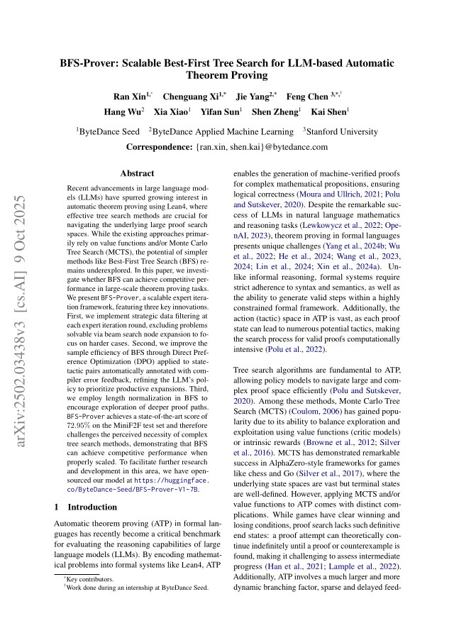 First page of BFS-Prover: Scalable Best-First Tree Search for LLM-based Automatic Theorem Proving