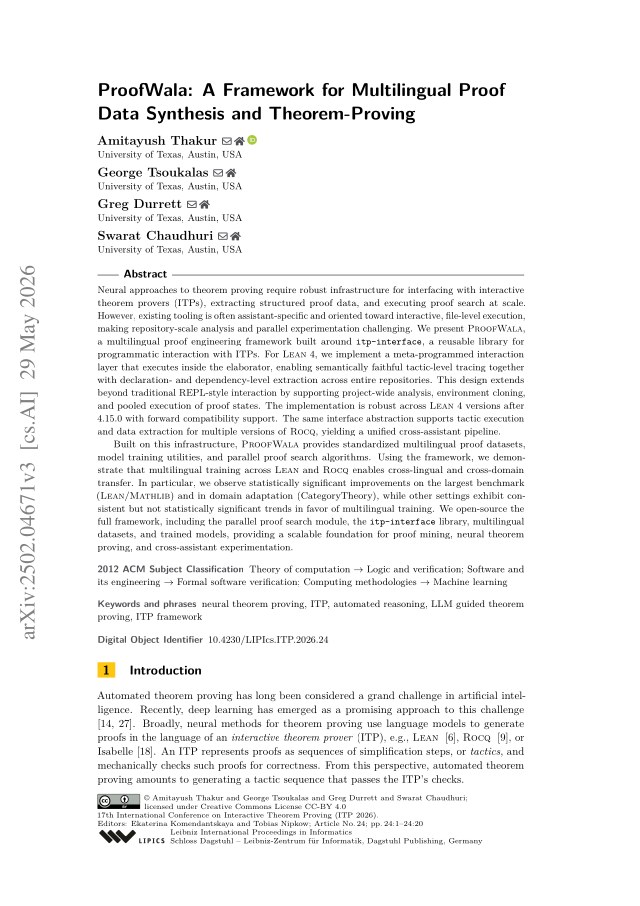 First page of ProofWala: A Framework for Multilingual Proof Data Synthesis and Theorem-Proving
