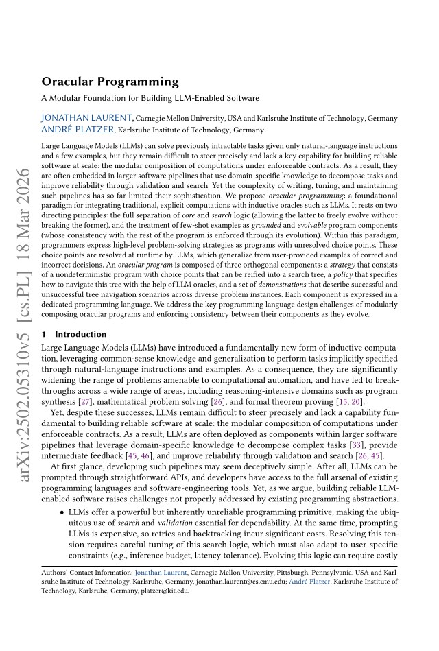 First page of Oracular Programming: A Modular Foundation for Building LLM-Enabled Software