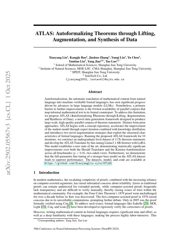 First page of ATLAS: Autoformalizing Theorems through Lifting, Augmentation, and Synthesis of Data