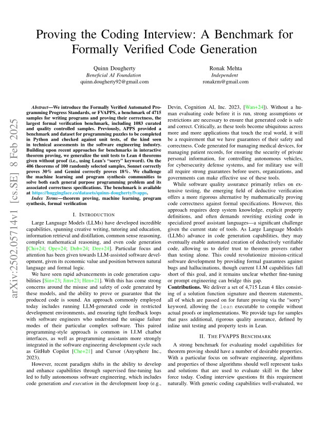 First page of Proving the Coding Interview: A Benchmark for Formally Verified Code Generation