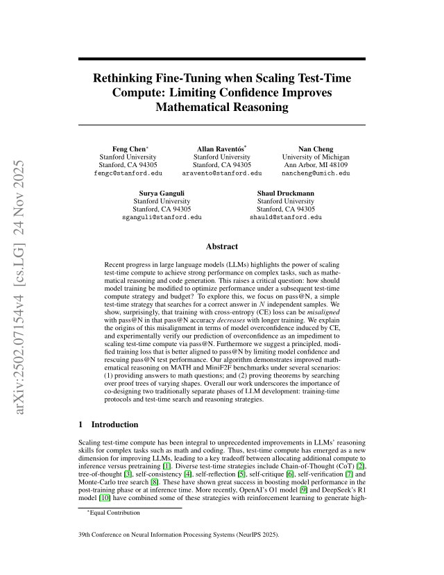 First page of Rethinking Fine-Tuning when Scaling Test-Time Compute: Limiting Confidence Improves Mathematical Reasoning