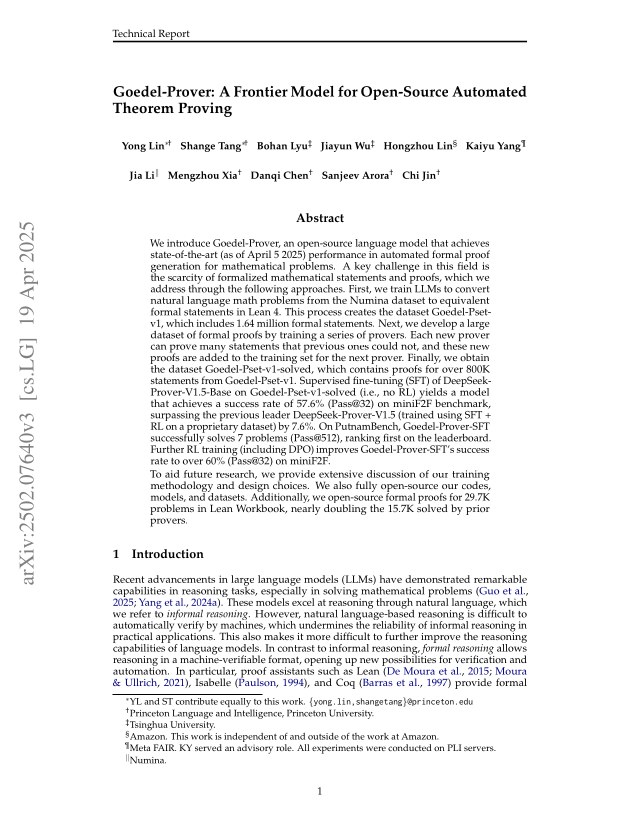 First page of Goedel-Prover: A Frontier Model for Open-Source Automated Theorem Proving