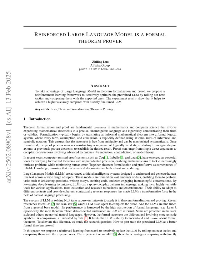 First page of Reinforced Large Language Model is a formal theorem prover