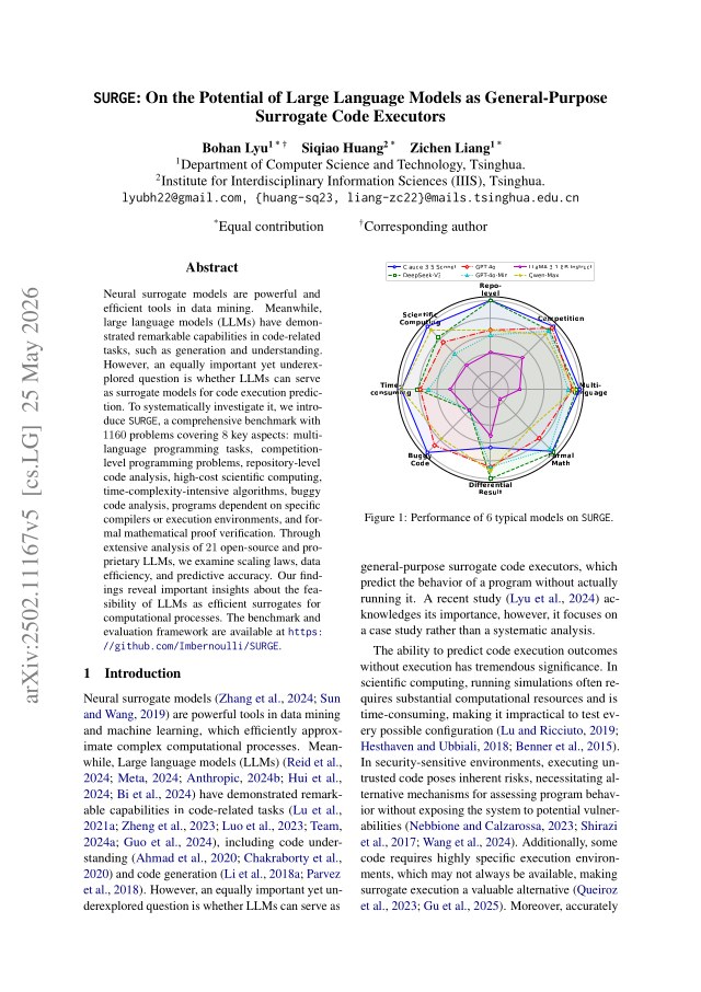 First page of SURGE: On the Potential of Large Language Models as General-Purpose Surrogate Code Executors
