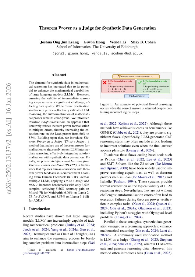 First page of Theorem Prover as a Judge for Synthetic Data Generation