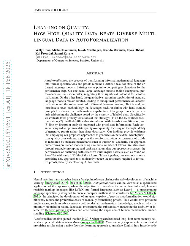 First page of Lean-ing on Quality: How High-Quality Data Beats Diverse Multilingual Data in AutoFormalization