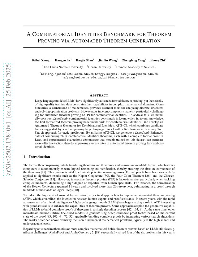 First page of A Combinatorial Identities Benchmark for Theorem Proving via Automated Theorem Generation