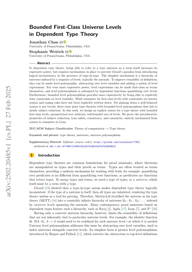 First page of Bounded First-Class Universe Levels in Dependent Type Theory