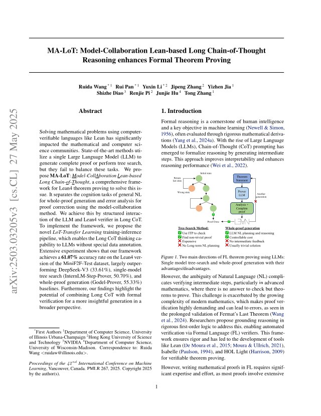 First page of MA-LoT: Model-Collaboration Lean-based Long Chain-of-Thought Reasoning enhances Formal Theorem Proving