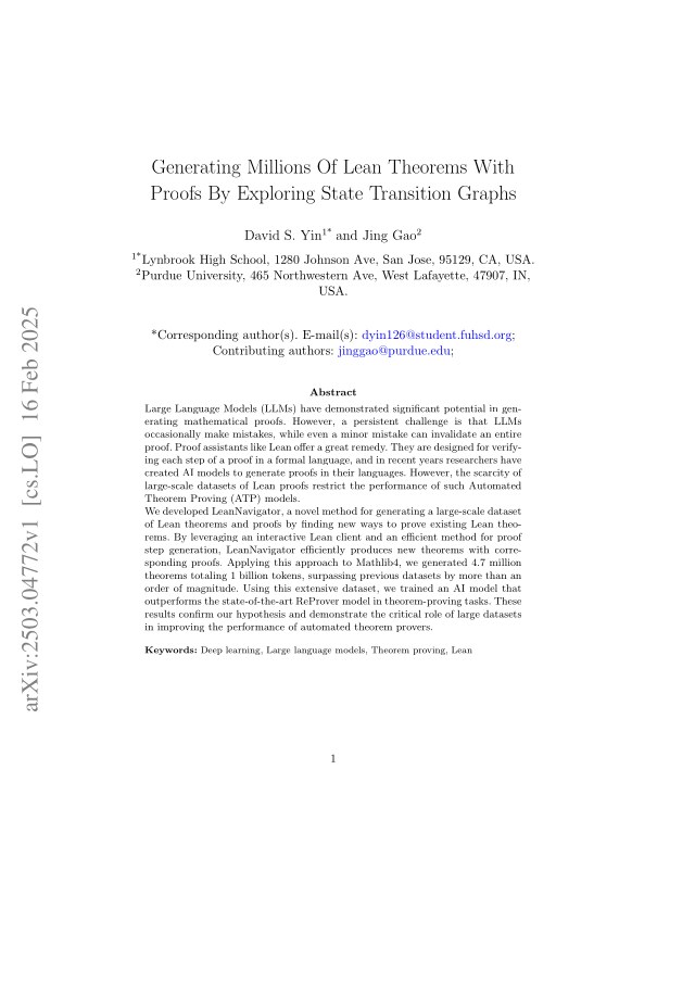 First page of Generating Millions Of Lean Theorems With Proofs By Exploring State Transition Graphs